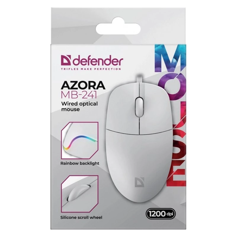 Káblová myš DEFENDER AZORA MB-24 — obojručná optická USB myš, 1200 dpi, 3 režimy rozlíšenia, biela, 109×86×34 mm