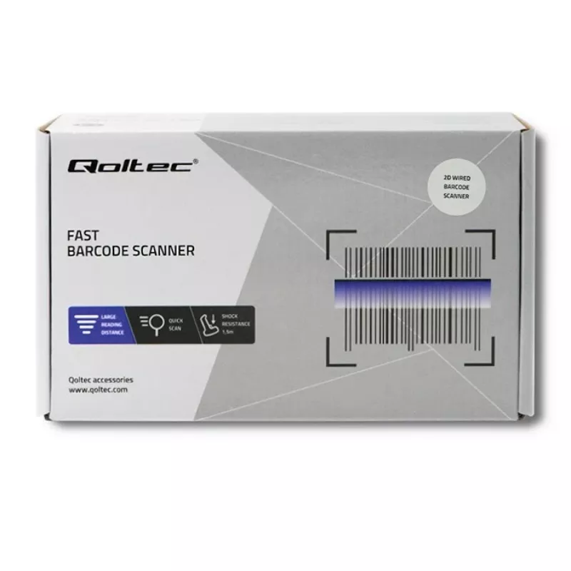 Ručný čítač čiarových kódov QOLTEC 50863 — 1D/2D skener, USB káblový, LED senzor, čierny, 5V, 1,8 m kábel
