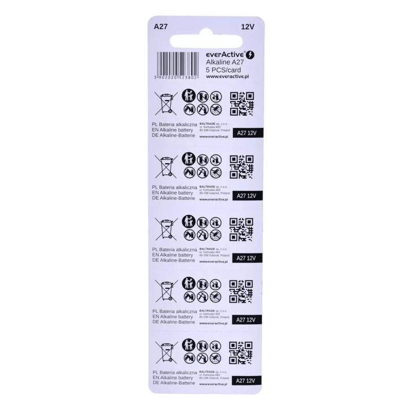 everActive 27A5BL alkalická batéria 27A 12 V, blister 5 ks, 7,6 x 27,3 mm