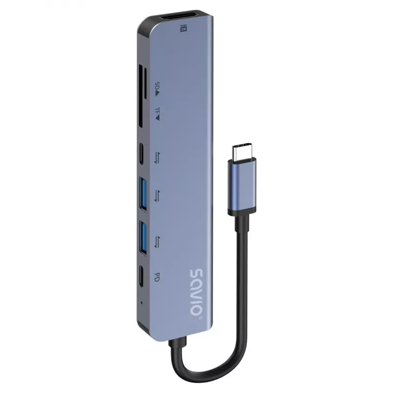 USB Type-C hub SAVIO AK-82 s HDMI, MicroSD, USB 3.2 Gen1, PD priechod, 4K@30Hz, 5000 Mbit/s, čierny