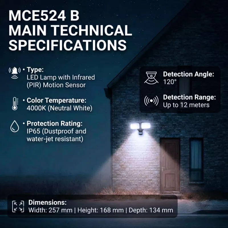 LED nástenné svietidlo MACLEAN MCE524 s PIR detektorom pohybu, model MCE524 B