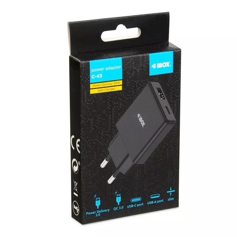 iBOX C-43 Slim GaN PD30W nástenná nabíjačka, čierna