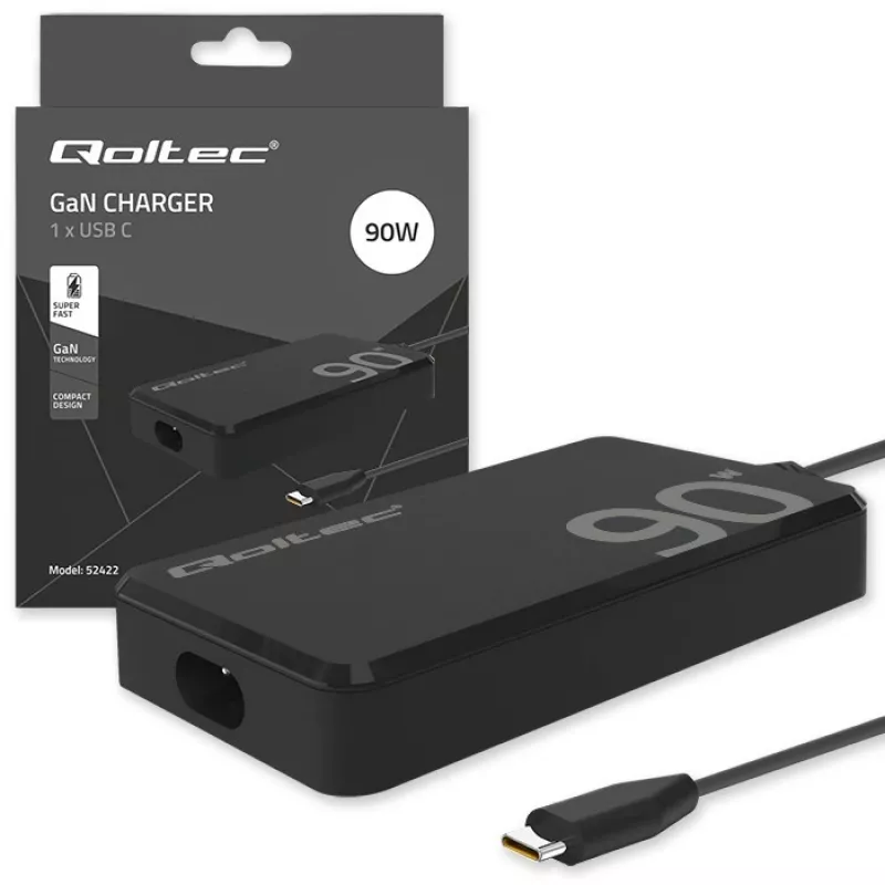 Qoltec 90W GaN Super Fast SLIM nástenná nabíjačka | XP | 5-20V | 4,5A | USB-C 3.1 | notebook | MacBook | smartfón | + kábel