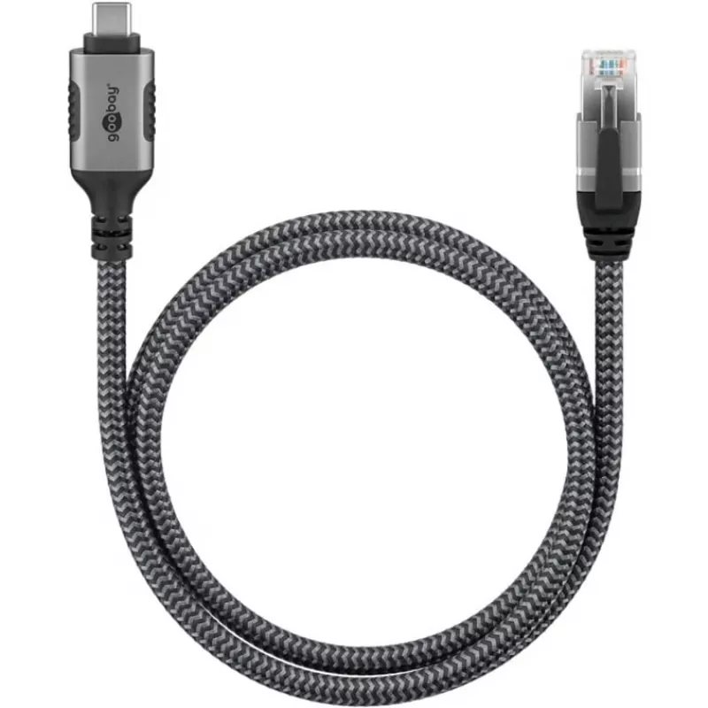 Ethernet kábel USB-C 3.2 Gen2 konektor samec > RJ-45 konektor samec, LAN adaptér čierny/strieborný, 1,5 metra, pletené textilné opláštenie