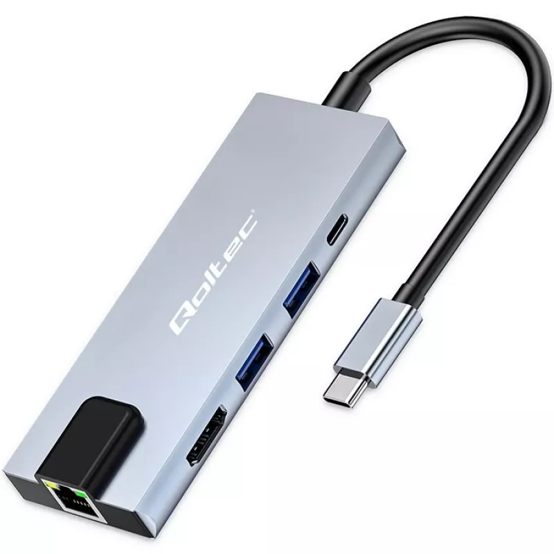 USB-C hub QOLTEC 53795 5-in-1 s 100W PD, 2×USB-A, HDMI 4K, RJ45