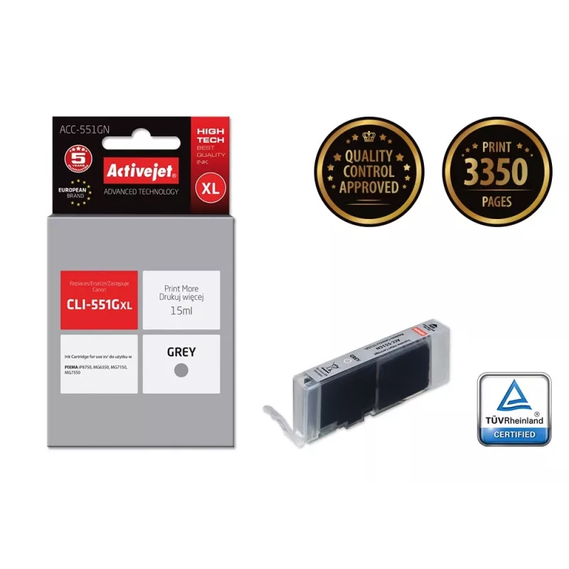 Atramentová kazeta ActiveJet ACC-551GN — kompatibilná Canon CLI-551GXL, sivá, High (XL) 15 ml