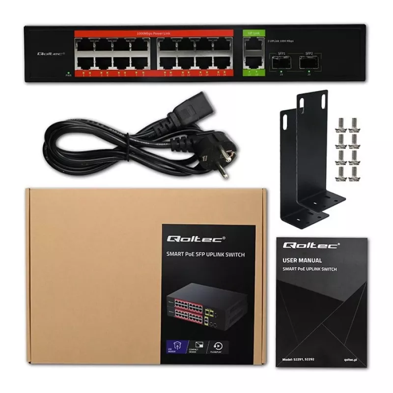 Sieťový switch QOLTEC 52292 — Gigabit Ethernet PoE, 16x RJ45, 2x RJ45 uplink, 2x SFP