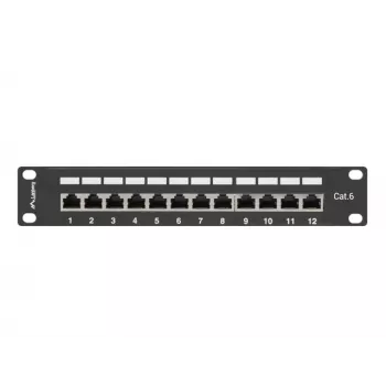 Patch panel LANBERG PPF6-9012-B — 12-port RJ45, kov, čierny, 1U (215×44,5×130 mm)