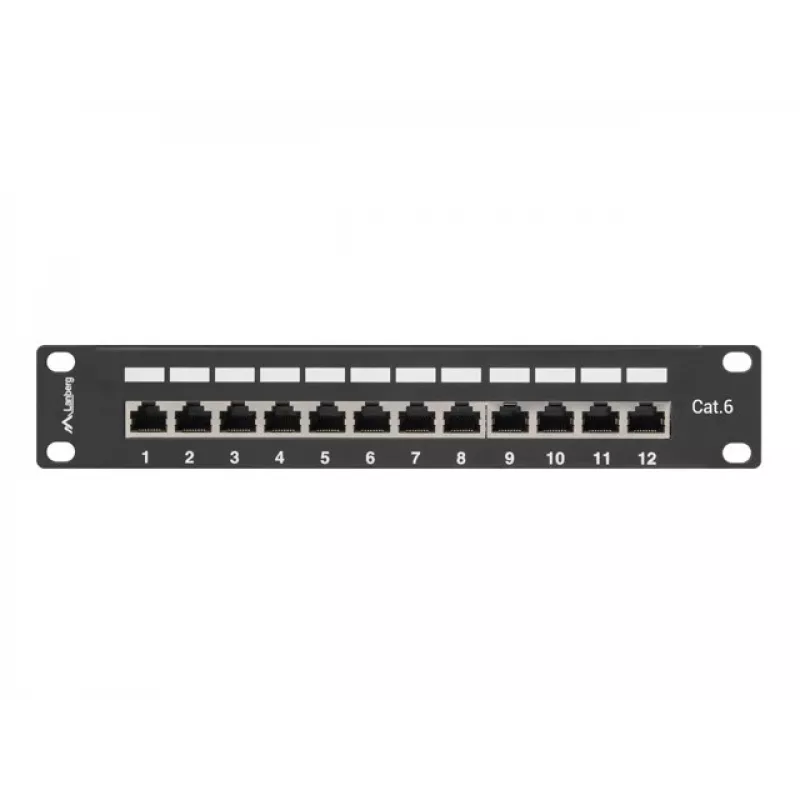 Patch panel LANBERG PPF6-9012-B — 12-port RJ45, kov, čierny, 1U (215×44,5×130 mm)