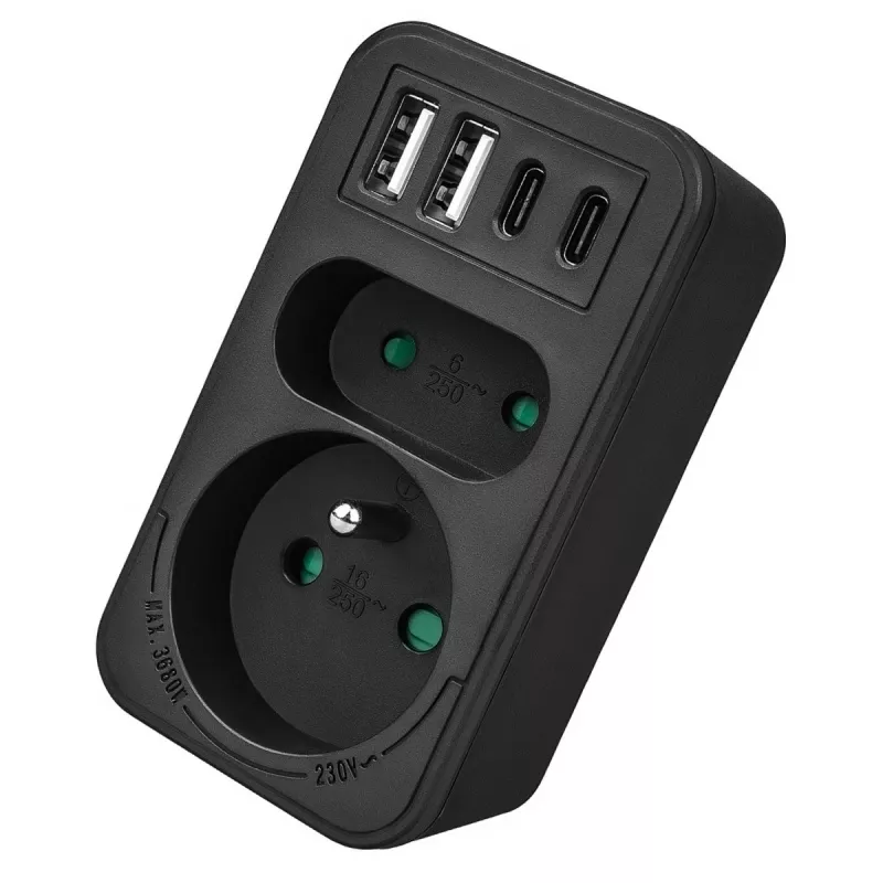 Rozbočovač napájania MACLEAN MCE249 F/B – 2 AC zásuvky (16A + 6A) s 2×USB-A a 2×USB-C PD 20W, EU konektor, čierny