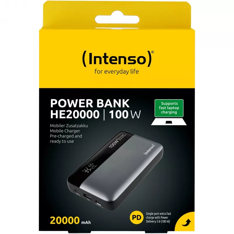 Powerbank INTENSO 7350050 — 20000 mAh, 1× USB-A + 2× USB-C, 100 W celkový výstupný výkon, čierna/sivá