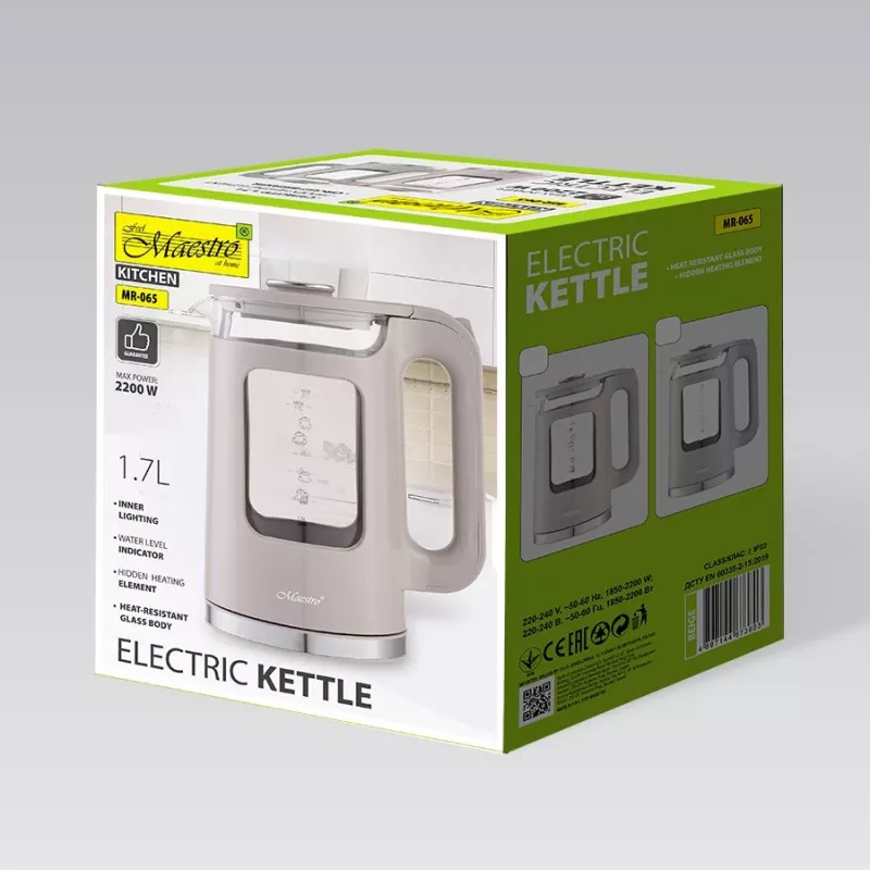 Maestro MR-065-BEIGE elektrická kanvica 1,7 L, 2200 W, sklenené puzdro, béžová