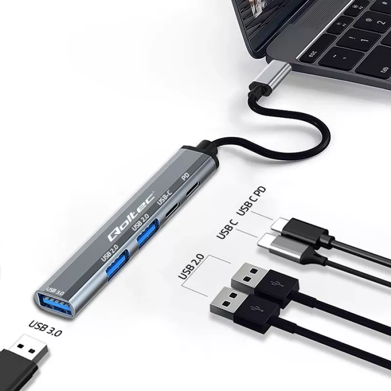 Qoltec 53790 Hub adaptér USB-C 3.1 5in1 | USB-C PD | USB-C | 2x USB 2.0 | USB 3.0
