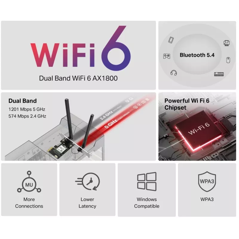 Mercusys MA70XE AX1800 Wi-Fi 6 Bluetooth adaptér PCI Express, dvojpásmový