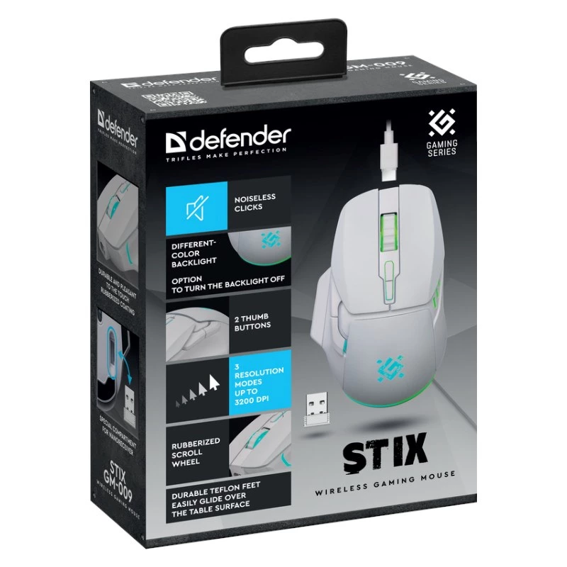 Bezdrôtová myš DEFENDER Stix GM-009 RF — optická 3200 DPI, 6 tlačidiel, obojručná, USB RF, na batérie, biela