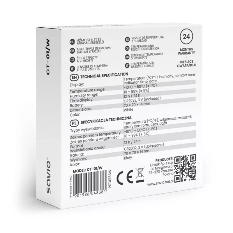 Senzor teploty a vlhkosti interiéru SAVIO CT-01/W, LCD displej, -10–55 °C, 10–99 % rF, batéria CR2032