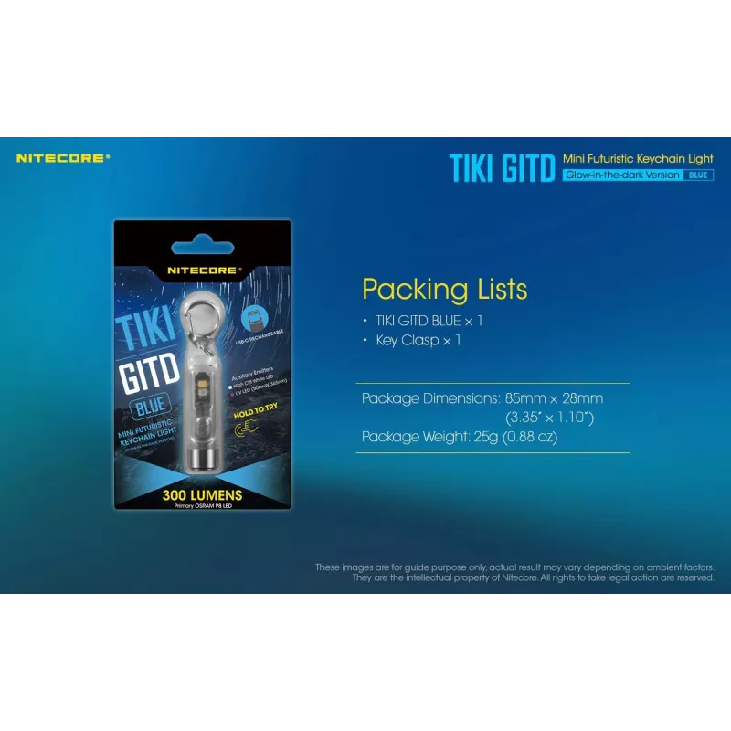 Nitecore TIKI GITD BLUE baterka, séria T, 300 lúmenov