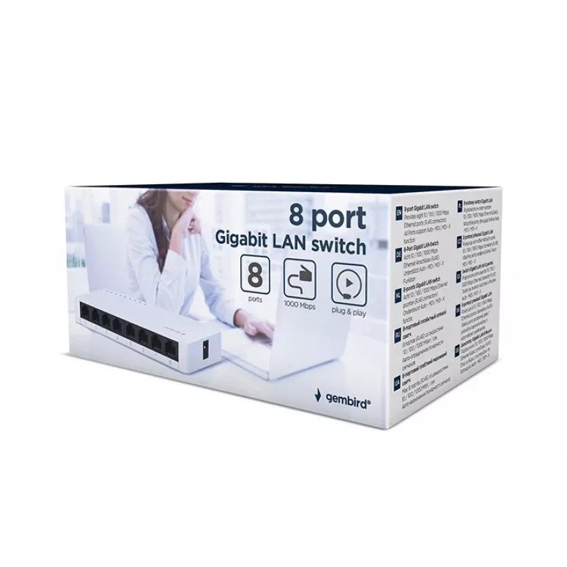Neupravovateľný switch GEMBIRD NSW-G8-01 – 8× Gigabit Ethernet (10/100/1000), biela, DC 5V