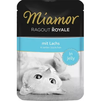Mokré krmivo pre mačky Miamor Ragout Royale v želé losos 100 g — dospelé, 82 kcal/100 g, bielkoviny 8 %, tuk 5 %, vlhkosť 82 %