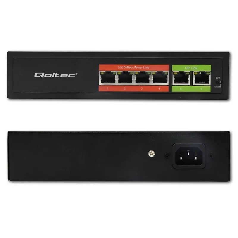 Ethernet PoE switch QOLTEC 52289 — 4x RJ45 PoE porty, 2x RJ45 uplink, 65W PoE rozpočet