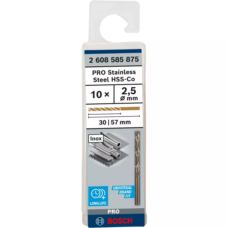 Bosch 2 608 585 875 PRO Stainless Steel HSS-Co špirálové vrtáky, Ø 2,5 mm, pracovná dĺžka 30 mm, valcová stopka, 10 ks