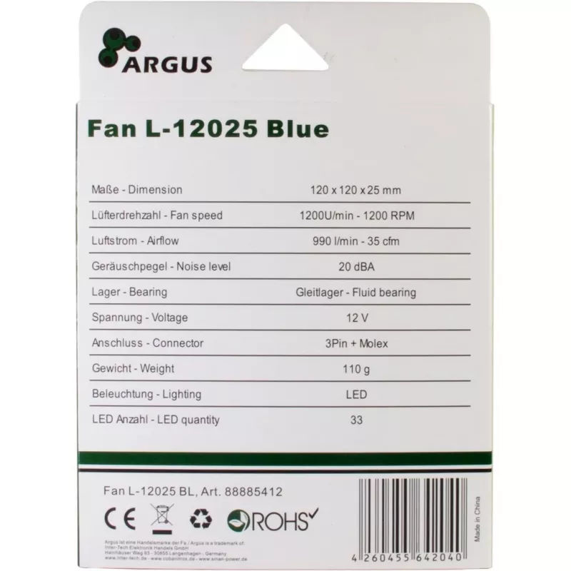 INTER-TECH Argus L-12025 120mm modrý LED ventilátor do skrine