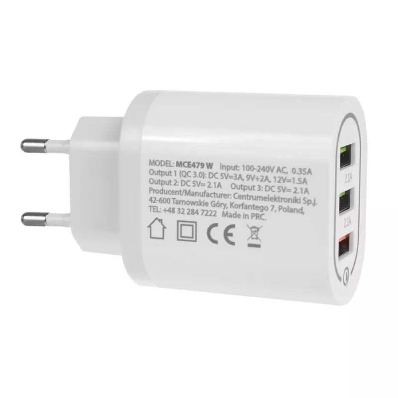 Nástenná nabíjačka MACLEAN MCE479W — 3-portová USB rýchlonabíjačka, 18W celkový výkon