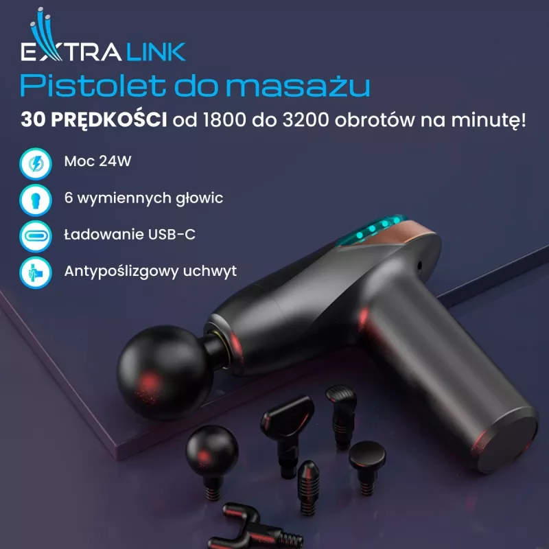 Masážna pištoľ Extralink MSG-02-LITE 3200 ot/min 6 nástavcov