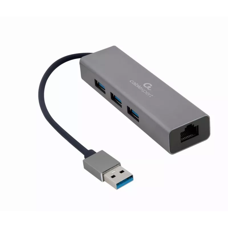 Gembird A-AMU3-LAN-01 adaptér USB-A na Gigabit LAN s 3-portovým USB 3.0 hubom, čierny