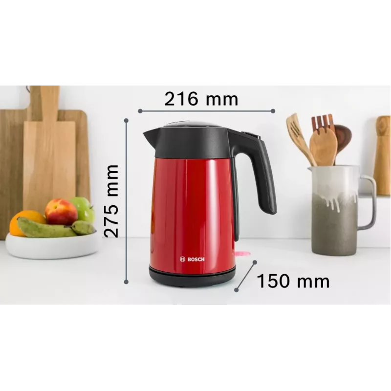 Elektrická kanvica Bosch TWK7L464 – objem 1,7 L, 2400 W, červená, plastové telo