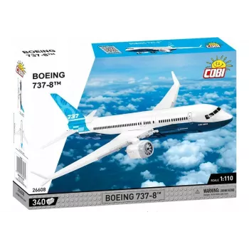 Stavebnica Cobi Boeing 737-8 — 340 dielov, odporúčaný vek 7+, modrá a biela