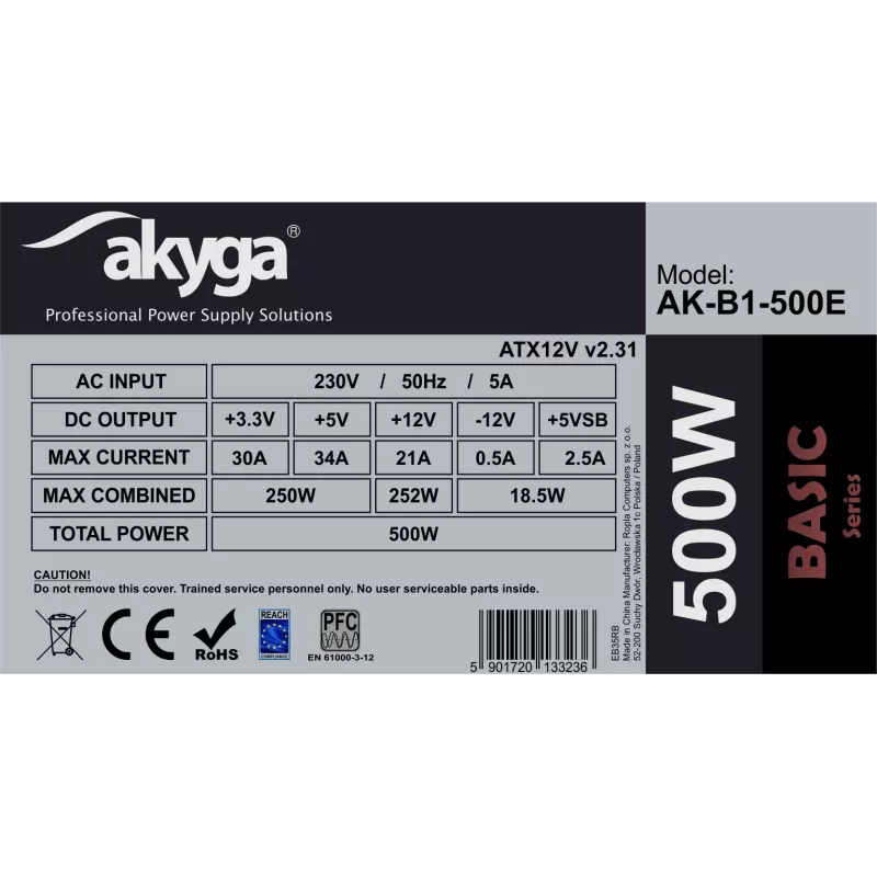 Akyga AK-B1-500E Basic 500 W ATX napájací zdroj, pasívne PFC, 120 mm ventilátor, sivý