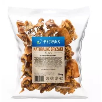 Psie žuvacie výrobky PETMEX bravčové prúžky 500 g — prírodné bravčové žuvacie výrobky pre dospelé psy, starostlivosť o zuby, vhodné pre všetky plemená
