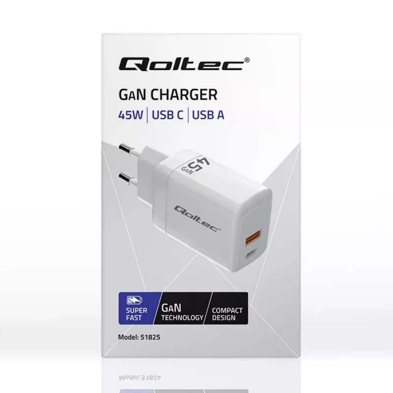 GaN 45W nabíjačka 5V 20V 1,5A 3A, 1x USB-C PD, 1x USB-A