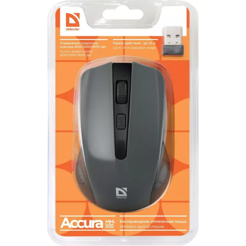 Bezdrôtová optická myš DEFENDER MM-935 RF, obojručná, 1600 DPI, sivá, USB prijímač, AAA batérie