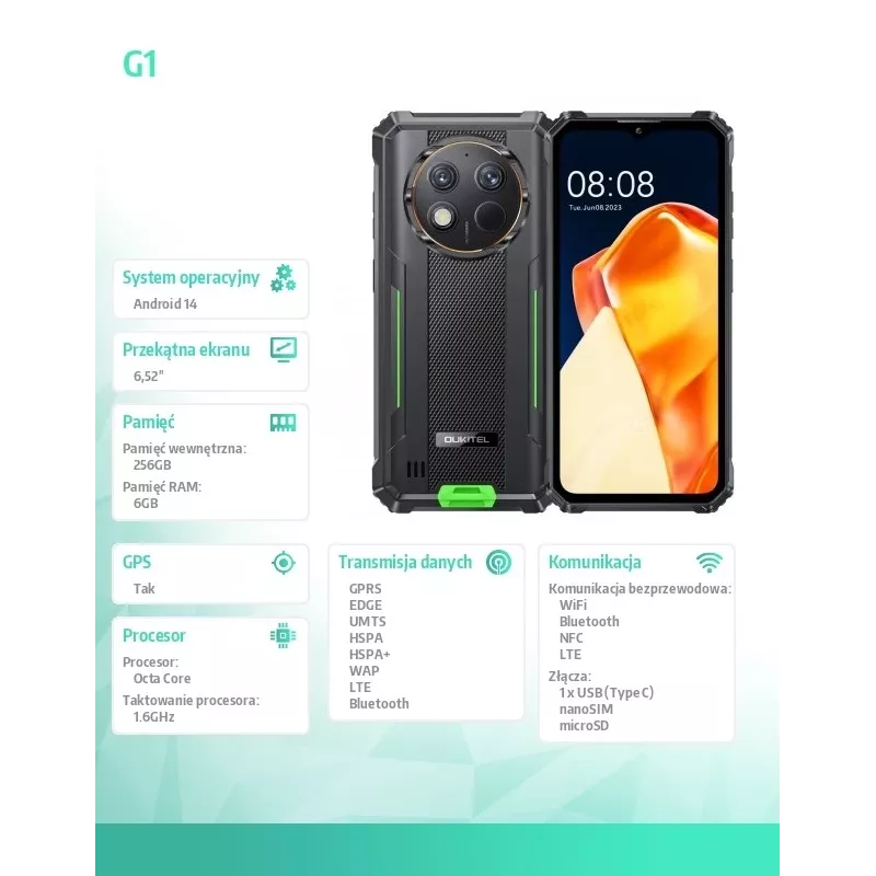 Oukitel G1 6.52 6/256GB 10600 mAh DS. zelená