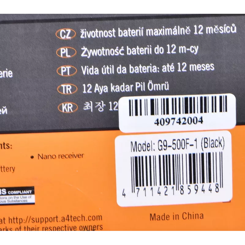 Bezdrôtová RF myš A4Tech G9-500F, pre pravákov, 1000 DPI, 2,4 GHz nano prijímač, dosah 15 m, AA batéria