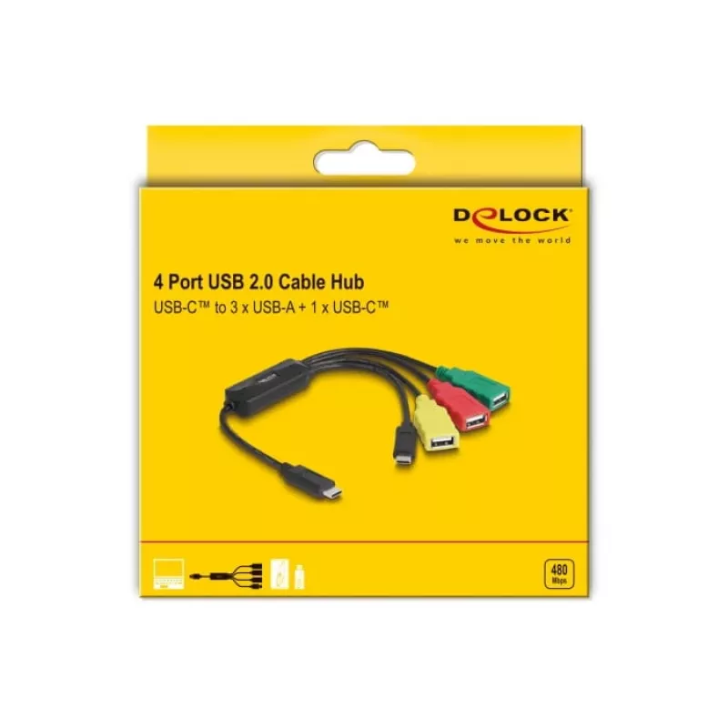 DeLOCK 4-portový USB 2.0 káblový hub USB Type-C na 3 x USB-A konektor samica + 1 x USB-C konektor samec