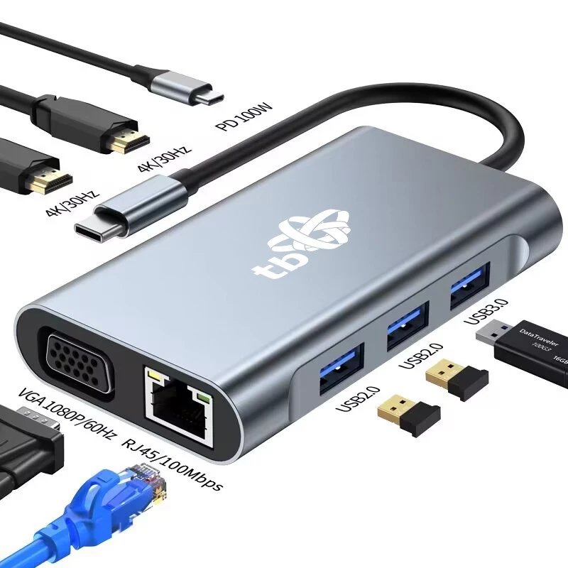 HUB 8in1 adaptér USB C HDMI x2 USB VGA RJ45 PD