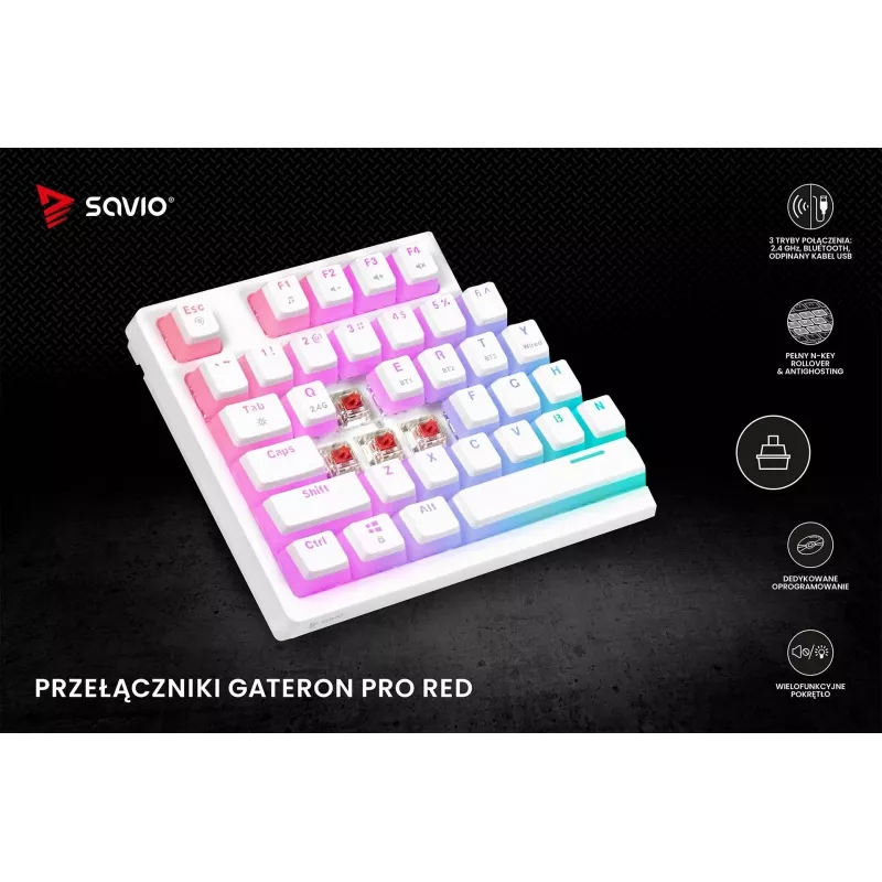 Herná klávesnica Savio Phenix WHITE GAT RED PUD káblová bezdrôtová USB Bluetooth RGB LED