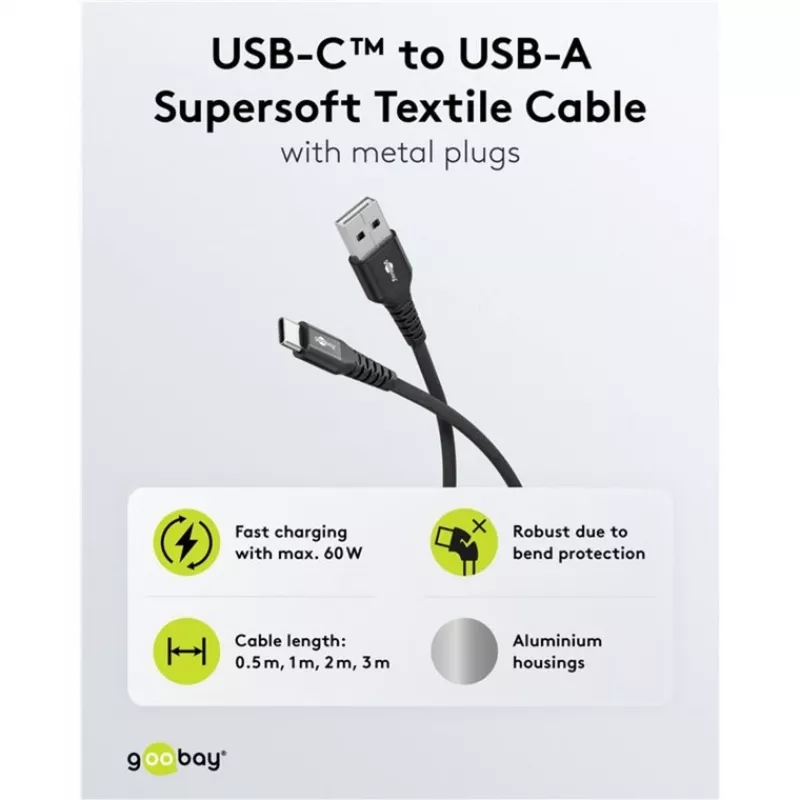 Goobay USB-C kábel Fabric Supersoft s kovovými konektormi, 2 m, čierny (2m, USB 2.0, 60W), USB kábel