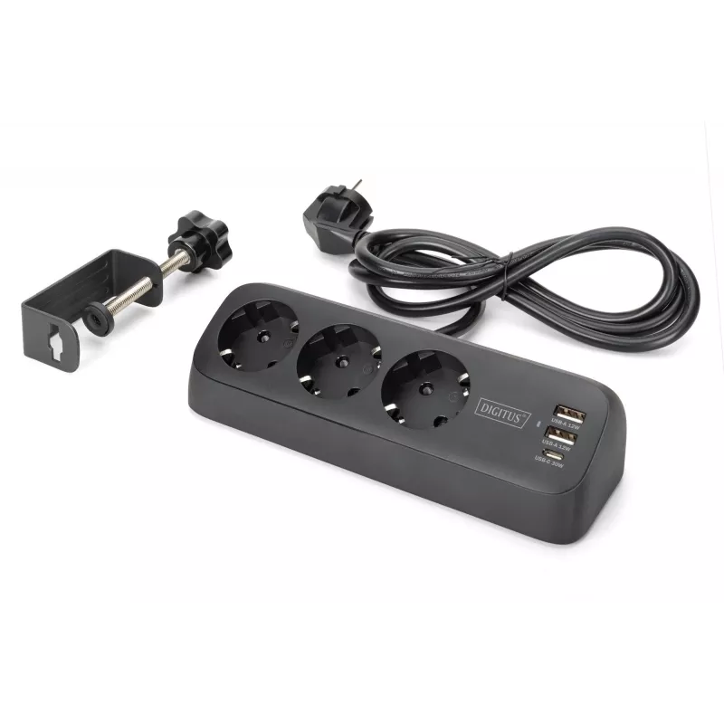 Predlžovacia zásuvka DIGITUS 3-násobná s 2×USB-A & 1×USB-C, 3 AC zásuvky Typ E/F, 1,5 m kábel, čierna