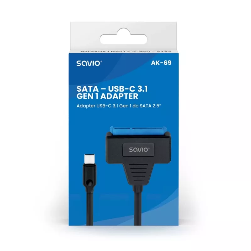 SAVIO SATA na USB-C kábel AK-69, SATA samica na USB-C samec, USB 3.2 Gen 1 (5 Gbit/s), 0,25 m, čierny