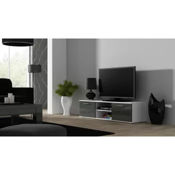 TV stojan cama meble SOHO 140 — 1400×430×370 mm, biela vrchná doska, drevotrieska, biely rám, biela/sivá lesklá