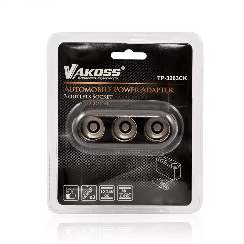 Rozbočovač do autozapaľovača VAKOSS TP-3263CK — 1-na-3 12V napájací adaptér, výstup 3A, čierny