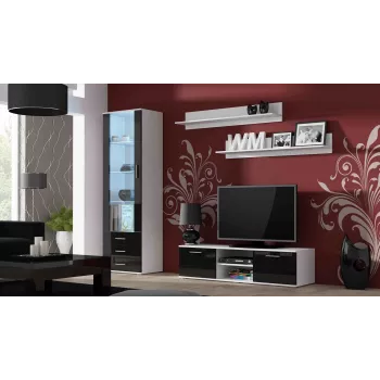 TV stojan cama meble SOHO 140 – 1400×430×370 mm, biely vrchná doska, drevotrieska, biely rám, čierne lesklé fronty