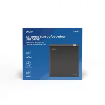 Externá slim DVD±RW mechanika SAVIO AK-43, USB 2.0, čierna, podporuje čítanie/zápis CD/DVD (24x CD, 8x DVD)