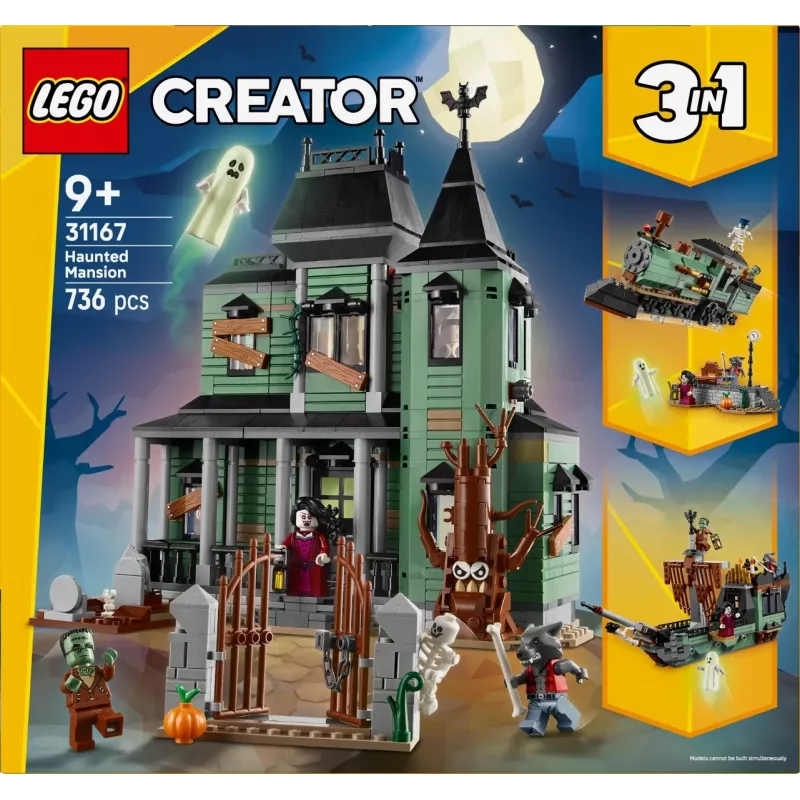 Stavebná hračka LEGO Creator 3-in-1 Strašidelný dom model 31167 – 736 dielov, 3 modely, 5 minifigúrok