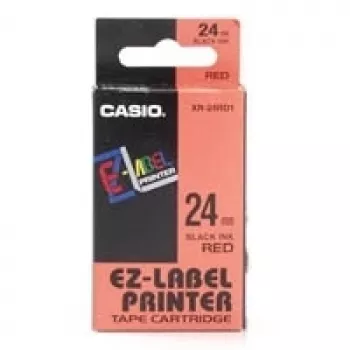 Rolka etikiet CASIO XR-24RD1 — samolepiace etikety čierna na červenej, 2,4 cm × 8 m, 1 rolka