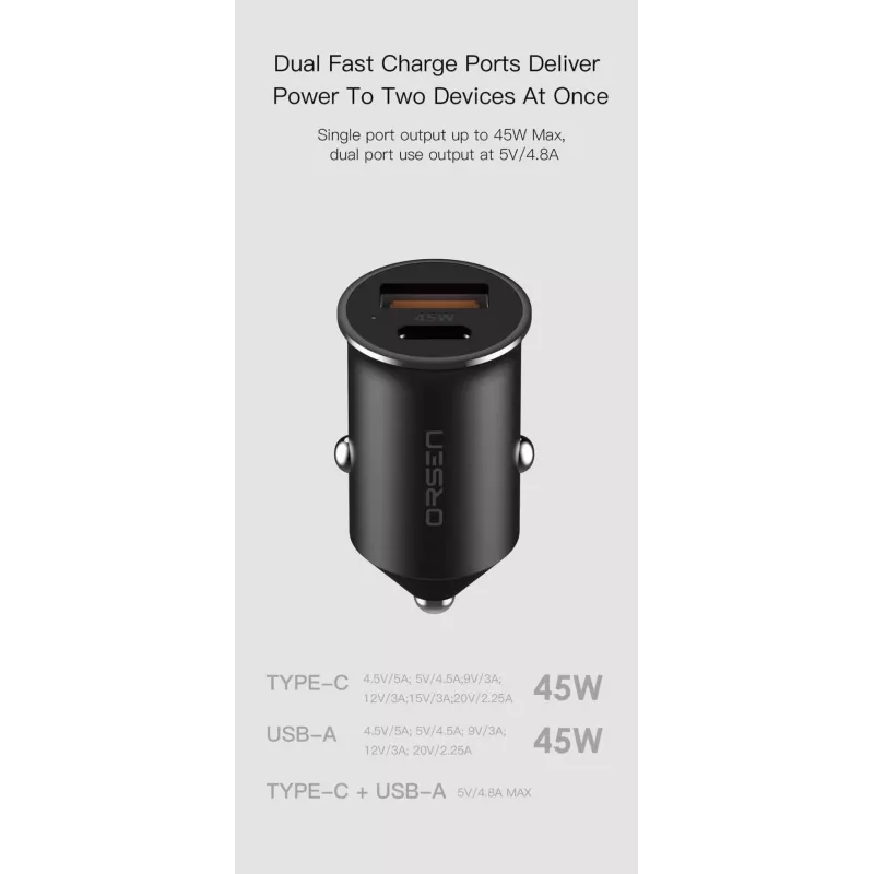 Autonabíjačka Orsen C8 45W — 45W USB-C PD rýchle nabíjanie, čierna
